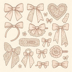 Trendy coquette ribbons, bows, lace fabric and other hair accessories set. Vintage girly aesthetic collection. Hand drawn design elements.