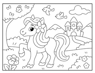 Cute Pony with Castle in Background – Kids Coloring Page Illustration