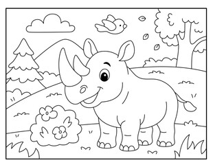 Cute Rhino in Nature – Kids Coloring Page Illustration