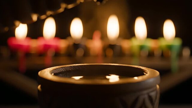 Kwanzaa celebration: pouring libation into Kikombe cha Umoja with colorful candles in the background. Ritual, cultural celebration, African heritage, unity, and respect concept.