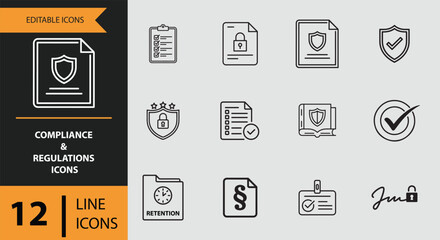 12 Compliance and Regulations Icons outline icon set Outline compliance icons for policy guidelines and workplace standards