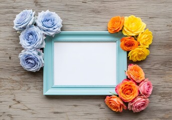 A flat lay composition with a light blue rectangular picture frame centered on a distressed wooden surface. On the left, pale blue and lilac roses with green foliage, and on the right, yellow, pink, a
