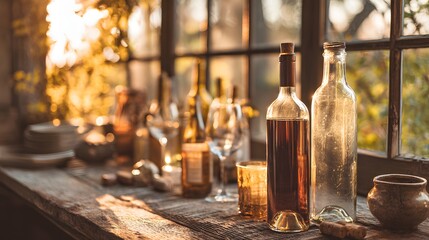 Vintage wine bottles and glasses on a rustic wooden windowsill with warm afternoon sunlight.