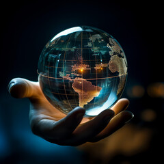 Futuristic glowing glass globe held in hand, symbolizing global connection, digital technology, innovation, and the power of data. Perfect for concepts related to future technology, AI, business growt