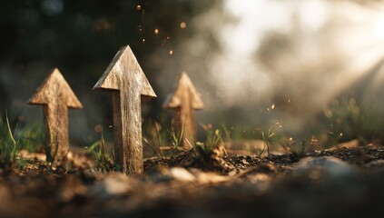 Wooden upward arrows in soil, sunrise