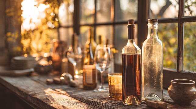 Vintage wine bottles and glasses on a rustic wooden windowsill with warm afternoon sunlight. - Powered by Adobe