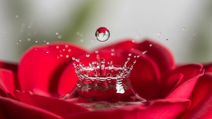 Water droplet collision on red rose petals creates a crown.