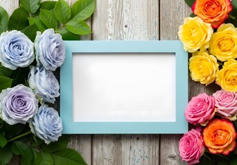 A serene flat lay featuring a light blue rectangular picture frame with a white interior, placed on a distressed wooden surface. Pale blue and lilac roses with green foliage decorate the left, and yel