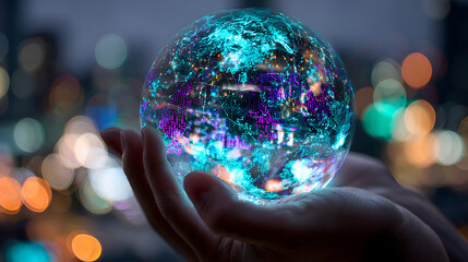 Glowing Digital Sphere Held in Hands Against Blurred City Lights holding globe