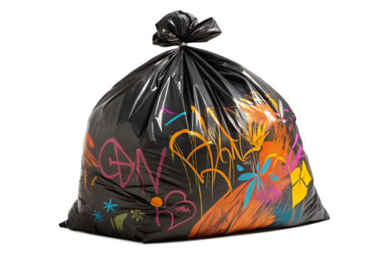 A black plastic garbage bag tied at the top features bright, vibrant, abstract splashes of colorful paint against a dark background.