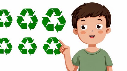 Child promotes recycling awareness with animated symbols transition