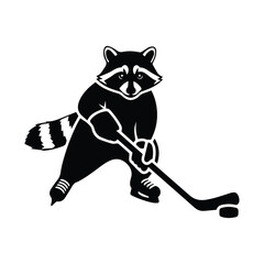 Raccoon ice hockey player cartoon mascot with stick, puck, and skates vector. Vector
