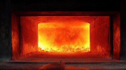 Intense Heat and Vibrant Glow from Open Hearth in Industrial Setting with Focus on Fire and Texture of Burning Materials