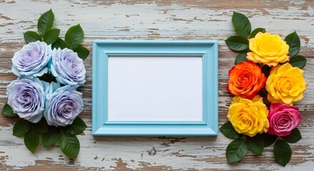 A serene flat lay featuring a light blue rectangular picture frame with a white interior, placed on a distressed wooden surface. Pale blue and lilac roses with green foliage decorate the left, and yel