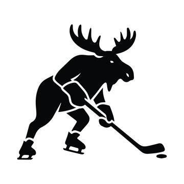 Moose playing ice hockey in a dynamic silhouette graphic design illustration Vector