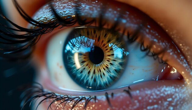 Human eye in hyper-realistic macrostyle, blue iris with striking details and glossy reflections, close-up - Powered by Adobe