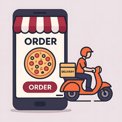 Smartphone app with delivery bike and pizza order. Online restaurant service, food ordering. Vector illustration.