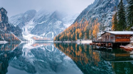 First snowfall over braies lake with vibrant autumn forests and calm turquoise waters in the dolomite alps of italy, scenic mountain landscape showcasing early winter colors and serene natural beauty 