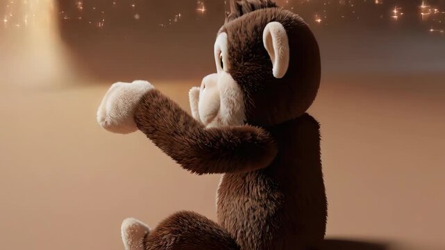 Animated monkey with fluffy fur waves hello amidst sparkles