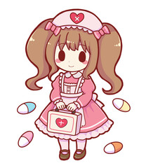 Kawaii Chibi Lolita Nurse with First Aid Kit and Capsule Pills Background &ndash; Hand-Drawn Medical Illustration