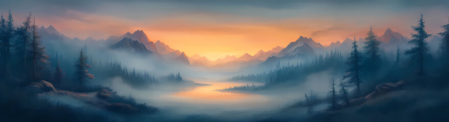 Obraz premium Dreamy Sunset Landscape with Foggy Mountains: Panoramic View of Serene Lake and Golden Hour Light