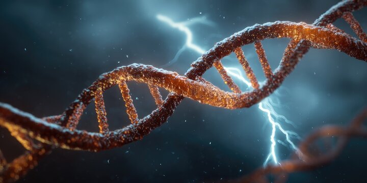 3D DNA strand with dramatic lightning