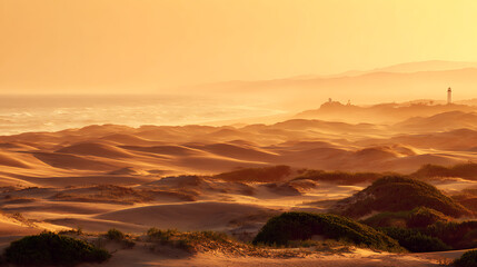 Golden dunes and distant lighthouse at sunset sand dunes coastal landscape