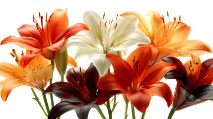 Obraz premium A beautiful bouquet of multicolored lily flowers in full bloom isolated on a white background.