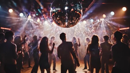 A lively dance party with a silhouetted crowd moving under a sparkling disco ball. Colorful lights and atmospheric smoke create an energetic nightlife scene.