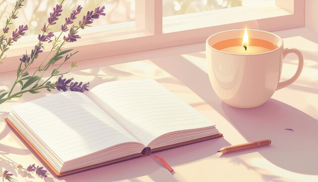 minimalist self-care scene with herbal tea cup, open journal, and candle near a sunny window