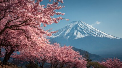 Serene spring landscape of mount fuji with vibrant pink cherry blossom trees reflecting over tranquil waters of lake kawaguchiko in japan creating a peaceful scenic view of iconic mountain and bloomin