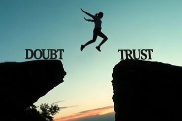 A silhouette man jumping from doubt to trust representing confidence courage decision making motivation. Growth and overcoming. Business leadership and self improvement.
