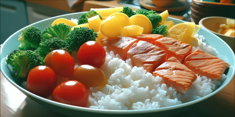 Grilled salmon rice bowl broccoli cherry tomato yellow pepper lemon slice fresh white rice warm meal