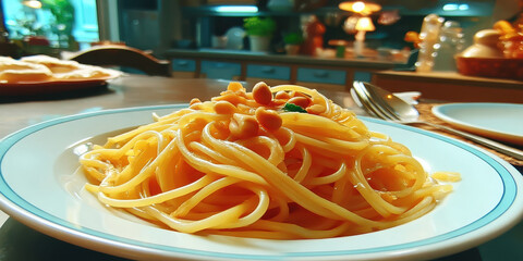 Fresh pad thai with lime and peanut garnish served on white plate in cozy kitchen setting, warm inviting mood