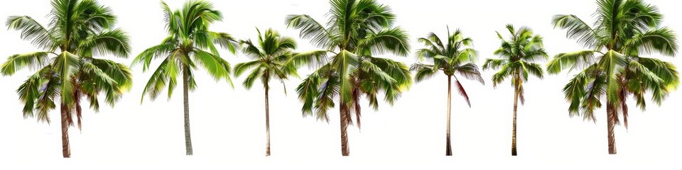 Fototapeta premium Tropical Coconut Palm Trees Isolated Against White Background Lush Green Fronds and Brown Trunks Summer Vacation