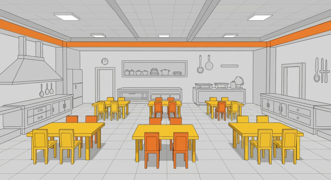 Empty Cafeteria Dining Area with Tables and Chairs.