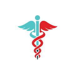 Obraz premium Caduceus Medical Symbol with Wings in Red and Teal Color on White Background