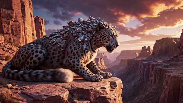 Majestic Fantasy Creature Perched Over a Desert Canyon at Sunset