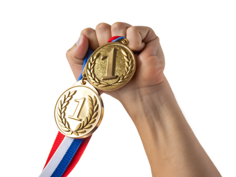 A triumphant hand proudly displays two brilliant gold number one medals, symbolizing ultimate victory, great achievement, and success.