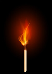 Burning Matchstick with Bright Flame Isolated on Black Background