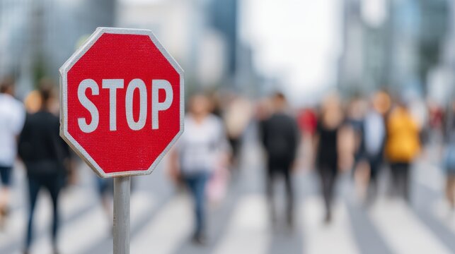 Stop Sign On Busy City Street With Blurred Pedestrians. Urban Traffic Control And Safety - Powered by Adobe
