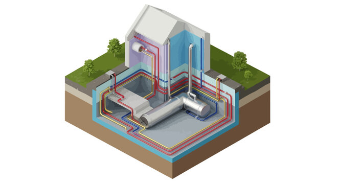 Geothermal heating system illustration showing house and underground pipes.