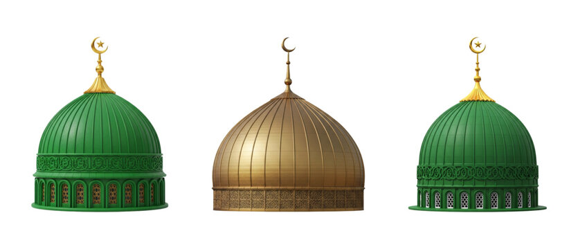 Three Islamic mosque domes with crescent symbols. cutout on transparent background