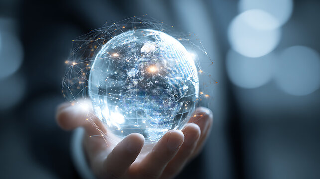 Hand holding glowing digital earth network connections globe