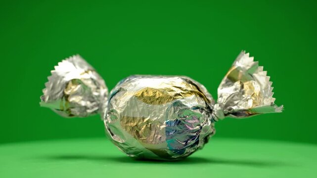 A round candy wrapped in silver foil, presented on a plain green background, highlighting its festive packaging