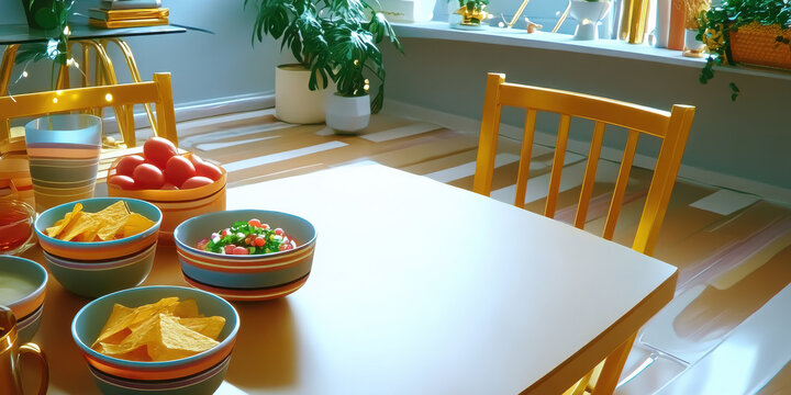 Top down minimal Mexican dining table flat lay tacos nachos - Powered by Adobe