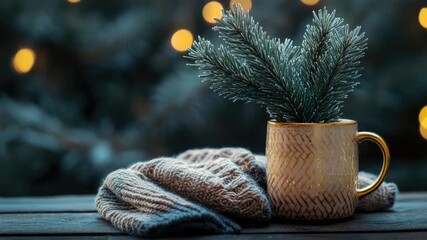Coffee cup with woven blanket and pine branches. Christmas time setting. - Powered by Adobe