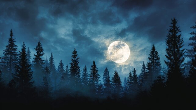 Full moon glowing over dense spruce trees in a mystical night forest, creating an eerie halloween atmosphere with fog and shadowy woodland scenery