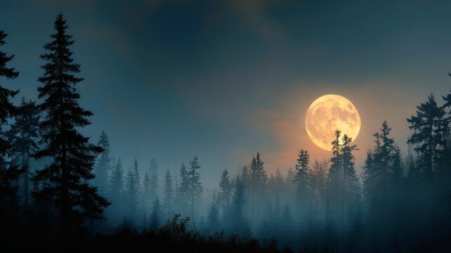 Full moon glowing over dense spruce trees in a mystical night forest, creating an eerie halloween atmosphere with fog and shadowy woodland scenery