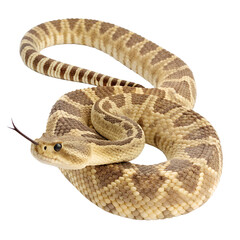 Obraz premium A snake with beautiful brown and tan patterns is coiled, its head raised with a flicking tongue, clearly isolated on a black background.
